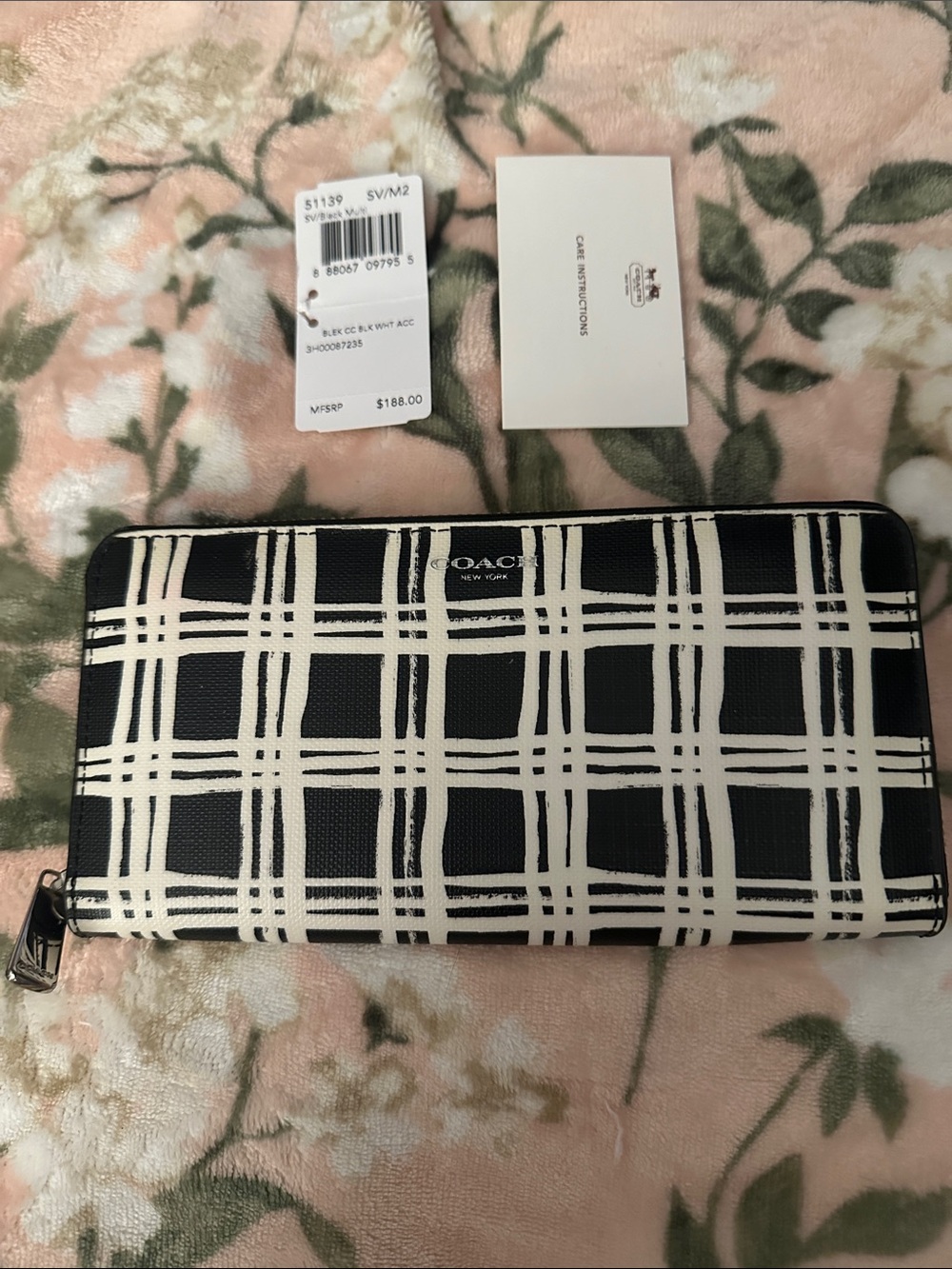 Coach Black and White Plaid Zip-Around Wallet New W/Tags